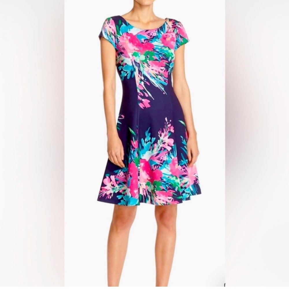 Eliza J womens floral print scuba fit and flare dress size 0P